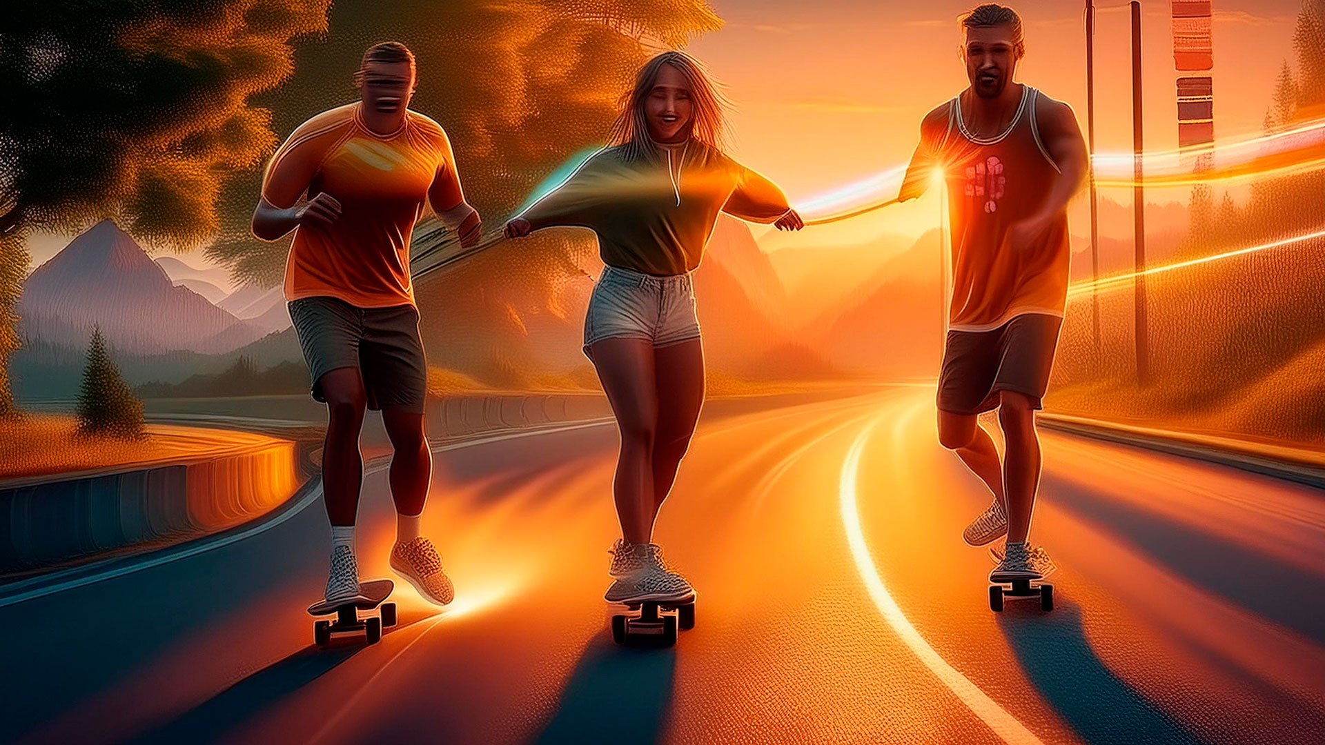 Zukunft mit LunarRide, dem Skateboard und Longboard Licht, Gruppe von Freunden