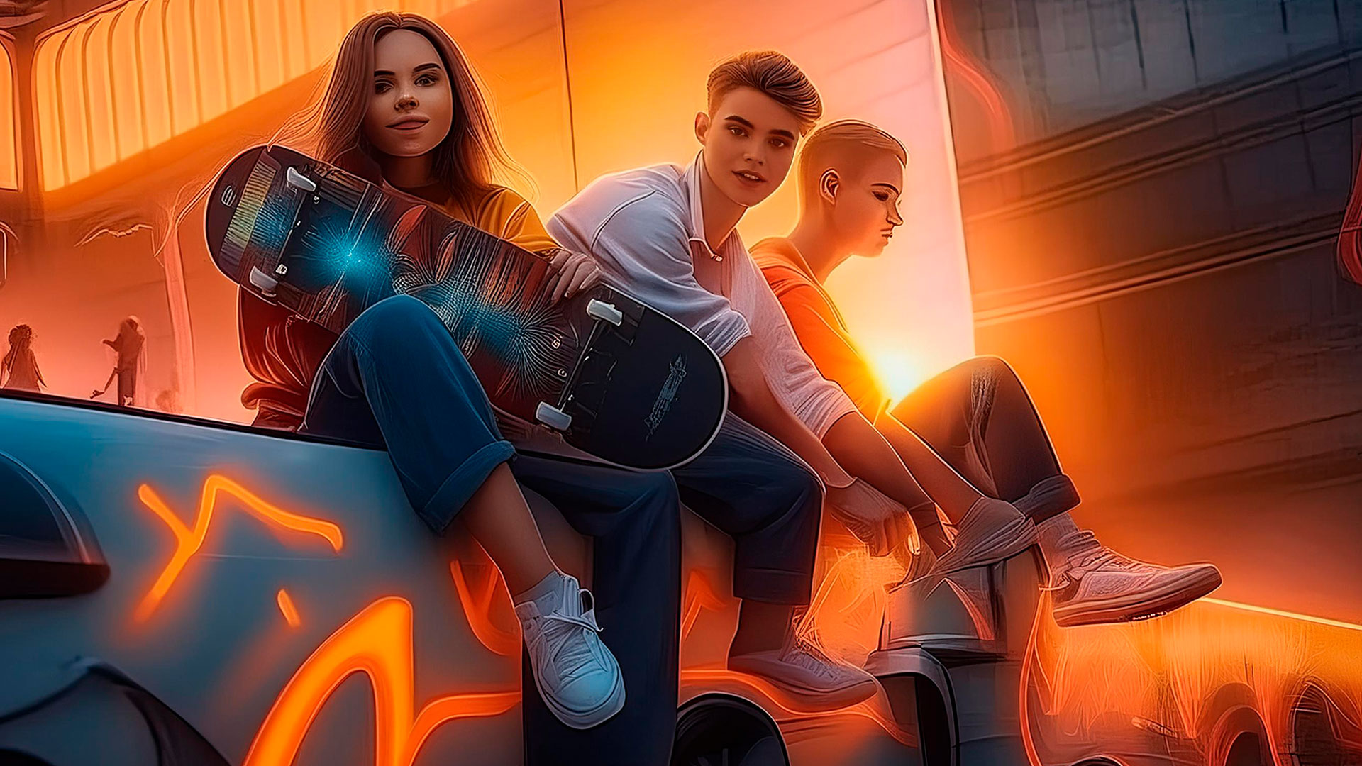 Zukunft mit LunarRide, dem Skateboard und Longboard Licht, Gruppe von Freunden